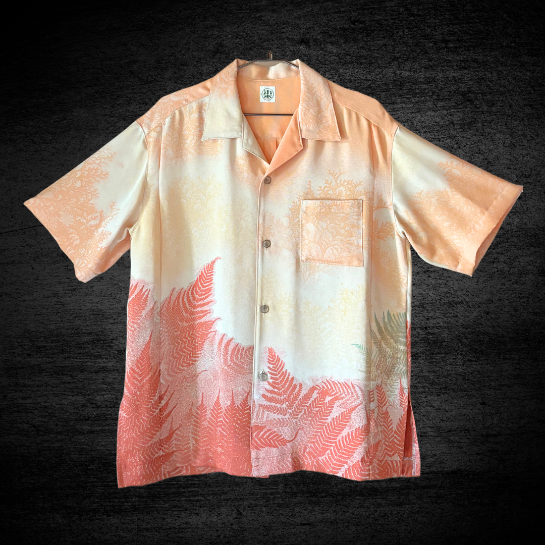 洗える着物のアロハシャツ【正絹】　樹光染オレンジ　メンズMサイズ