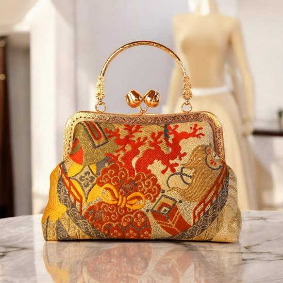 アンティーク婚礼丸帯リメイクがま口バック/鳳凰/和装バッグ/小さめバッグ