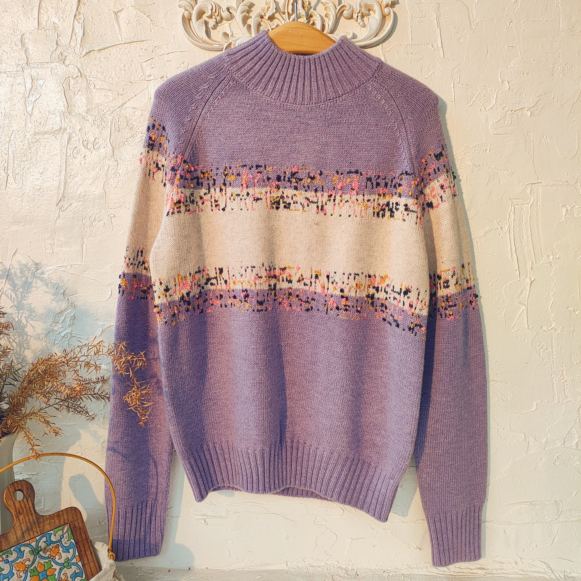 紫陽花 羊毛素材 春ニット ★冬から春へ！ 春 秋 冬 実用的 綺麗 ほっこり。「 すっきり丈感 」 セーター手編み