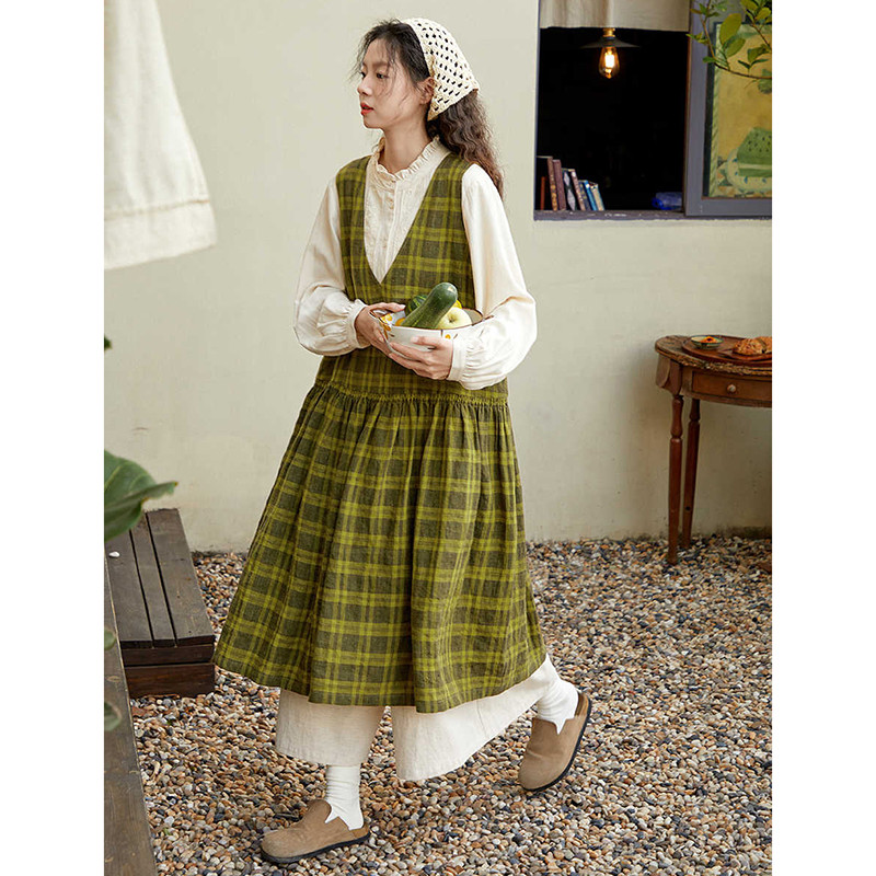 100%リネンワンピース　リネンチェック柄ノースリーブワンピース　緑格子　S-Mサイズ　S394
