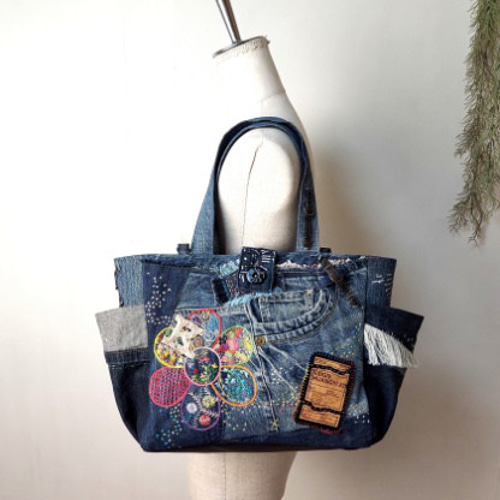 刺繍デニムバック No.574 デニムリメイク ショルダーバッグ 刺繍