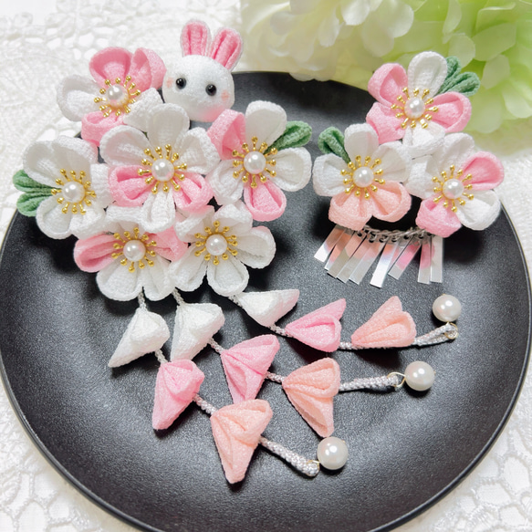 七五三 髪飾り 白 ピンク うさぎ 銀ビラ小付き 七五三 3才 7才 753