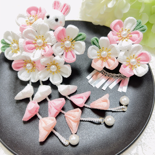 七五三 髪飾り 白 ピンク うさぎ 銀ビラ小付き 七五三 3才 7才 753