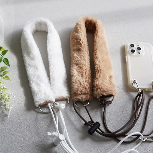 猫のしっぽ人気スマホショルダー ストラップ（白/ベージュ）エコファー