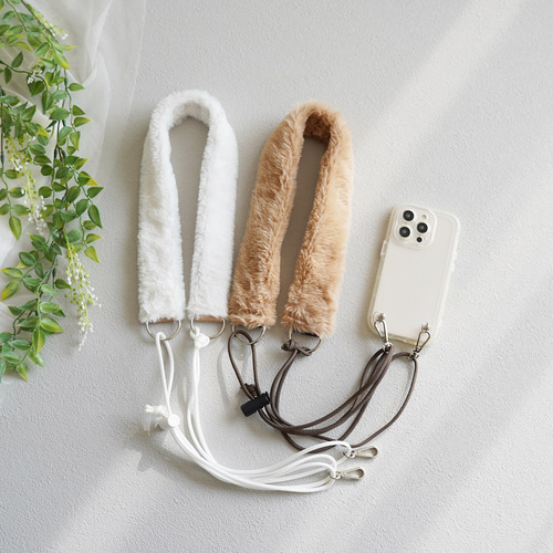 猫のしっぽ人気スマホショルダー ストラップ（白/ベージュ）エコファー