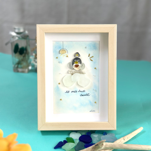 シーグラスアート no.47 『一息つかせて、、』ペンギン 親子 ママ 子供