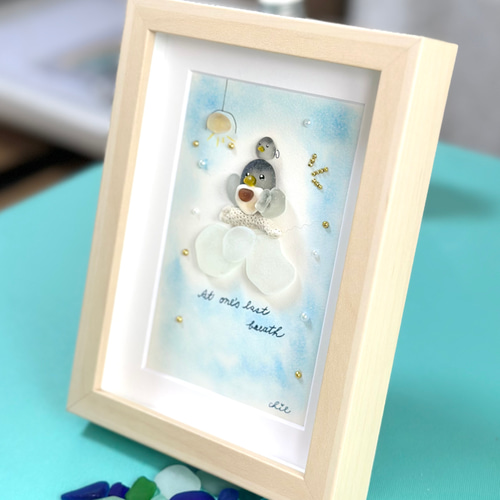 シーグラスアート no.47 『一息つかせて、、』ペンギン 親子 ママ 子供