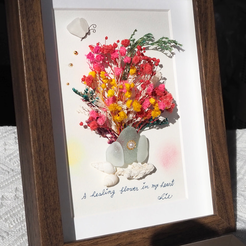 シーグラスアート no.49 花束の代わりに ドライフラワー シーグラス