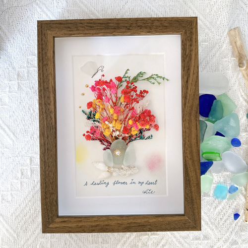 シーグラスアート no.49 花束の代わりに ドライフラワー シーグラス