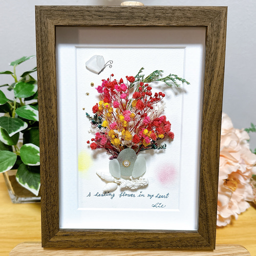 シーグラスアート no.49 花束の代わりに ドライフラワー シーグラス