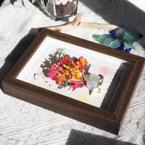 シーグラスアート no.49 花束の代わりに ドライフラワー シーグラス