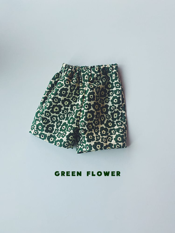 ショートパンツ〈 green flower 〉 テキスタイル 花柄 花 グリーン
