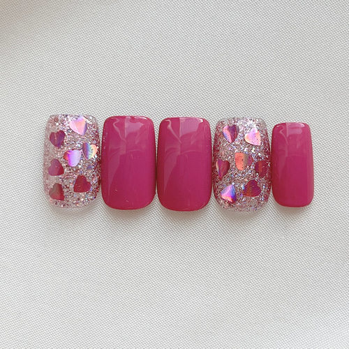 ハートホロ埋めこみ♡ネイルチップ ピンク マゼンタ パープル 敷きつめ