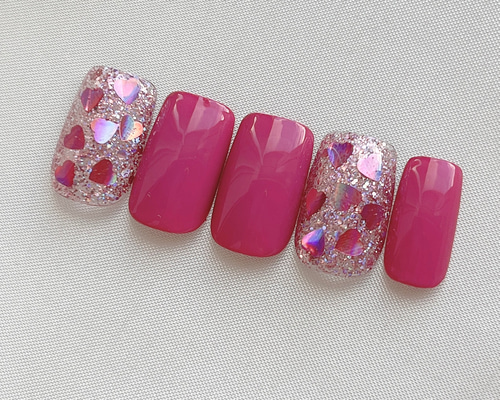 ハートホロ埋めこみ♡ネイルチップ ピンク マゼンタ パープル 敷きつめ