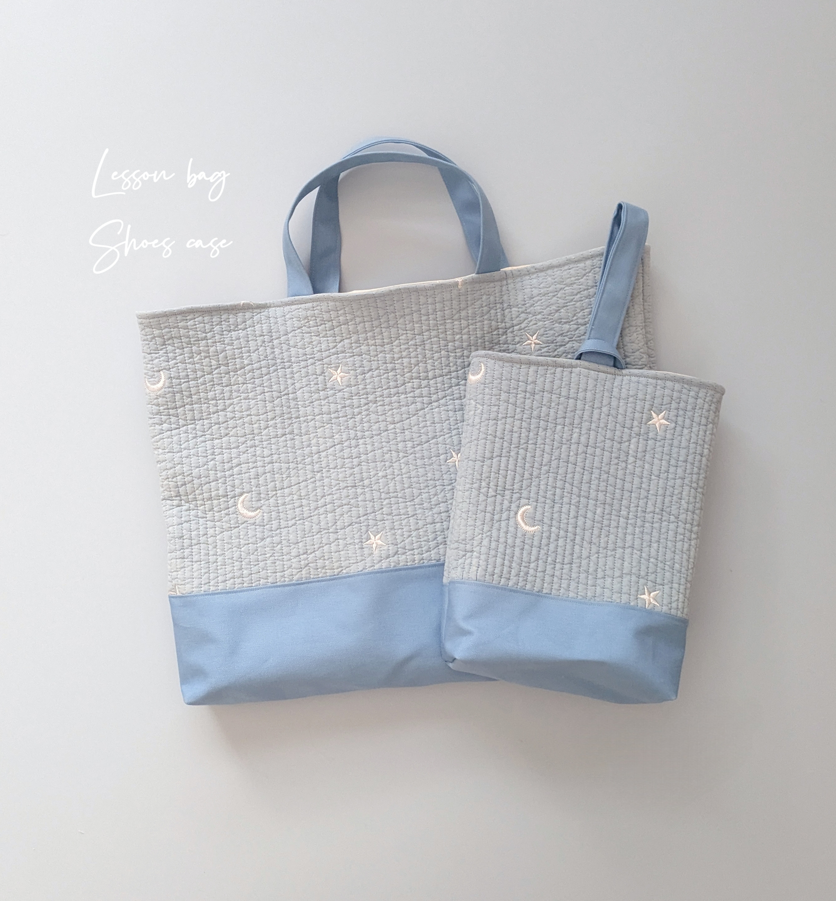 ムーンスター刺繍のヌビバッグ　レッスンバッグと上靴入れセット　ヌビバッグ　イブルバッグ　入園入学 A4