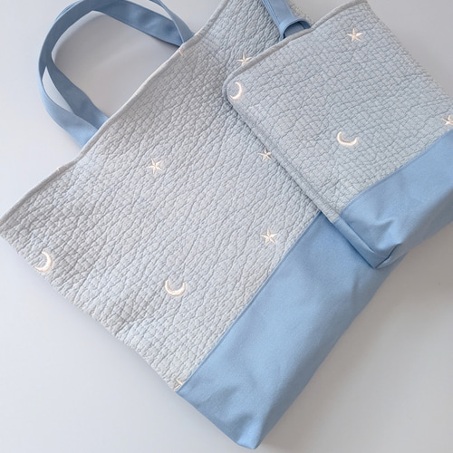 送料無料】ムーンスター刺繍のヌビバッグ レッスンバッグと上靴