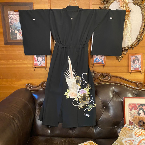 着物リメイク　留袖ワンピース 着物リメイク 正絹 黒留袖 両面着用 120㌢ アンシンメトリー
