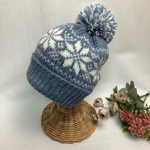 ○雪柄編み込みニット帽（水色系) ニット帽・ビーニー TOM屋 通販