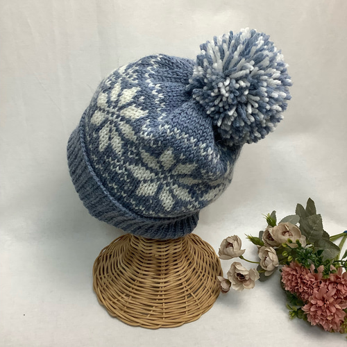 ○雪柄編み込みニット帽（水色系) ニット帽・ビーニー TOM屋 通販