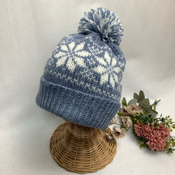 ○雪柄編み込みニット帽（水色系) ニット帽・ビーニー TOM屋 通販