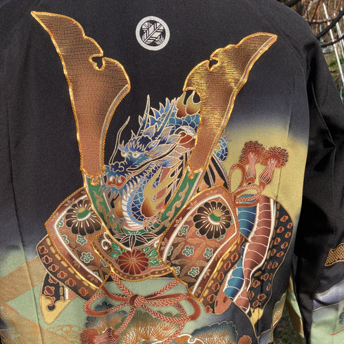 着物リメイクスカジャン 兜 プリント 駒刺繍 リバーシブル 男の子