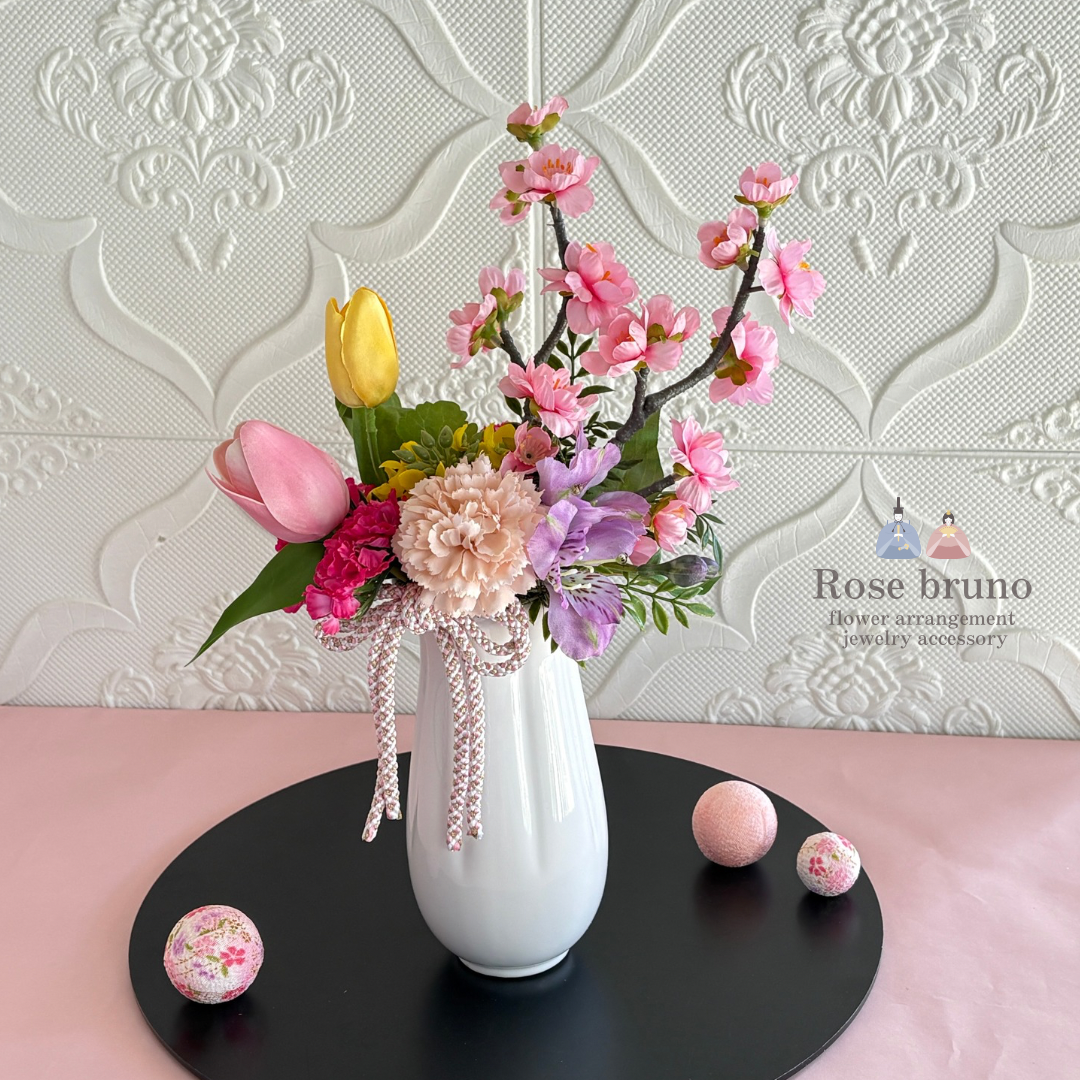 桃の花＆春の花々和モダンアレンジ ひな飾り アーティフィシャルフラワー