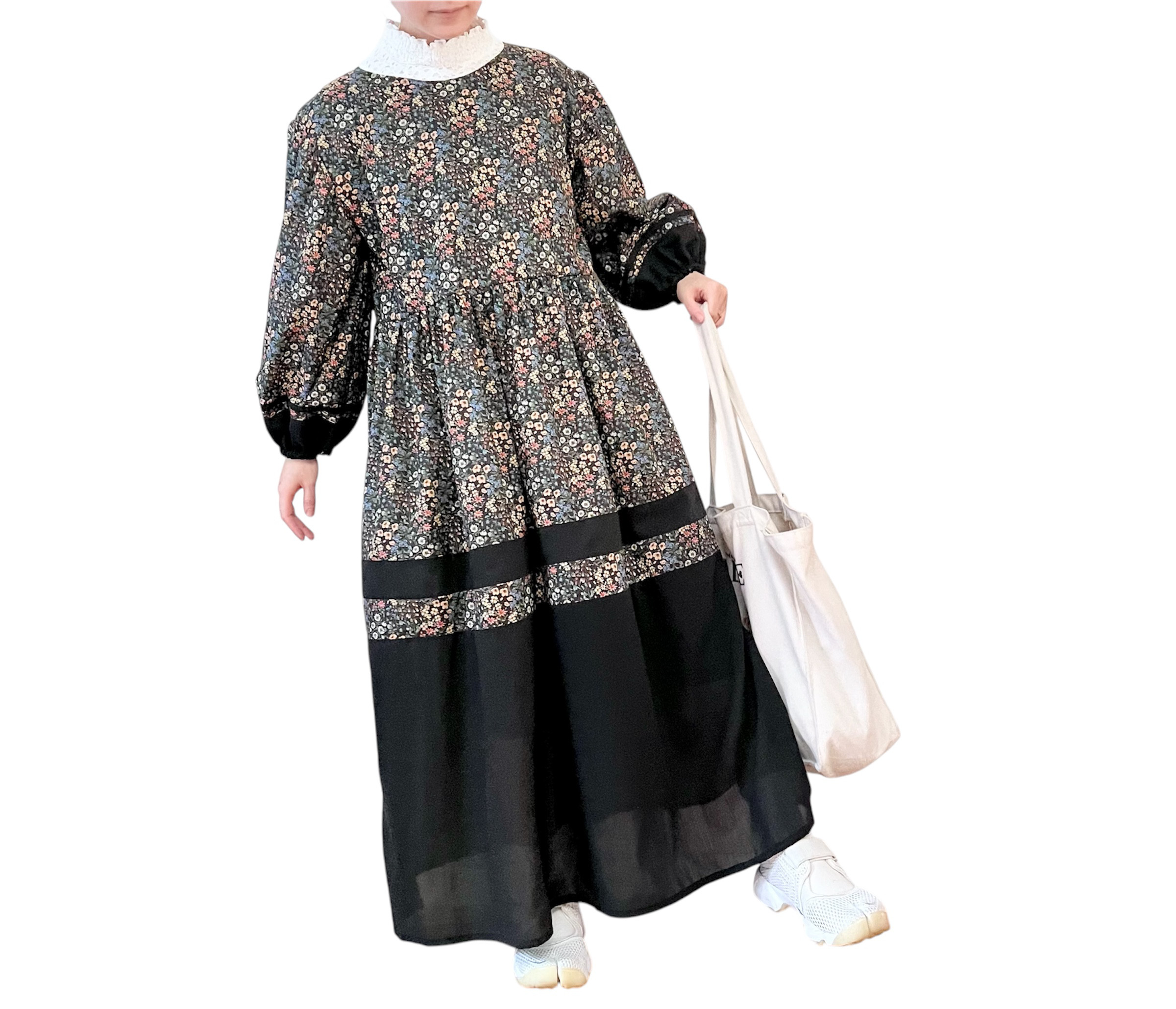 花柄切り替えワンピース　ブラック