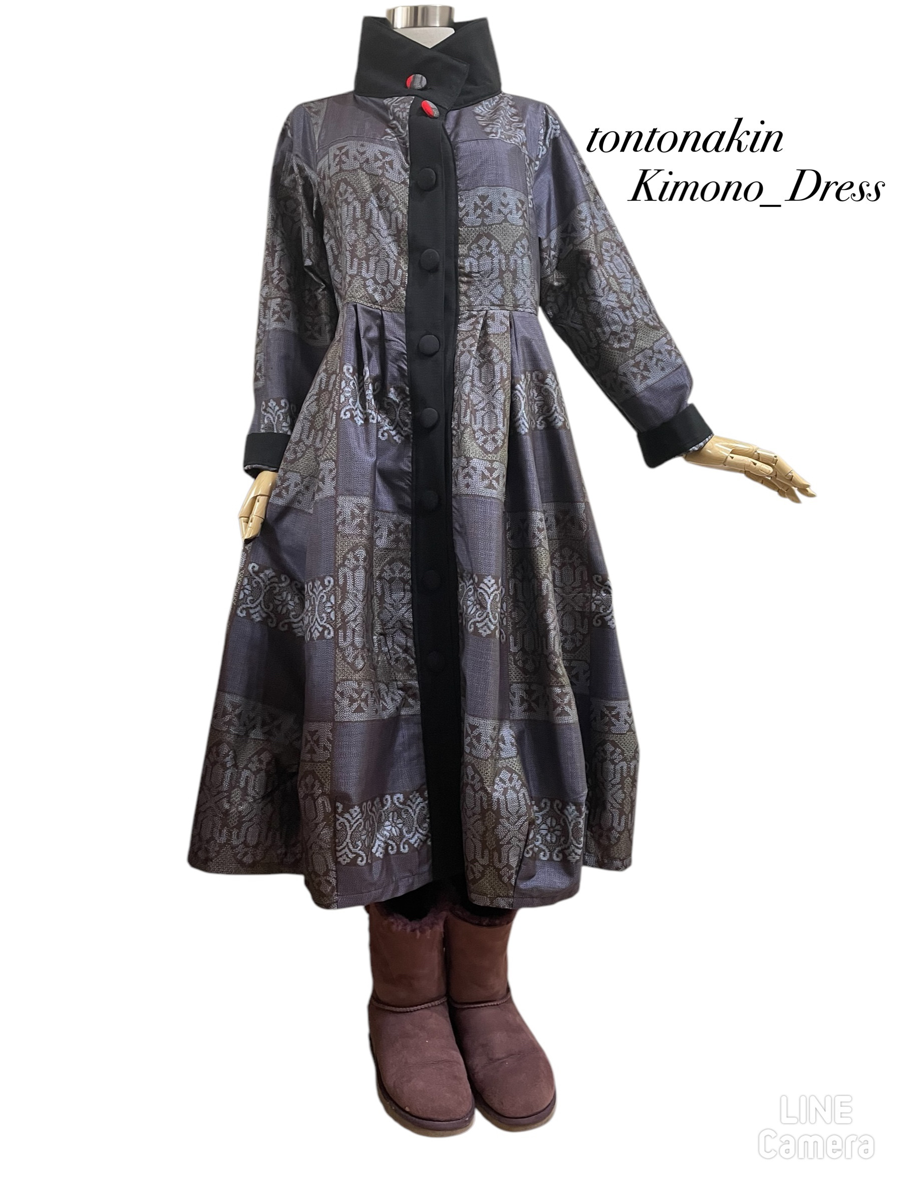 送料無料 着物 リメイク 大島紬 バルーン コート ワンピース 立体裁断