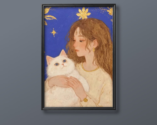 絵画 | イラストポスター 556☆ 【女の子とかわいい白い猫】 絵画