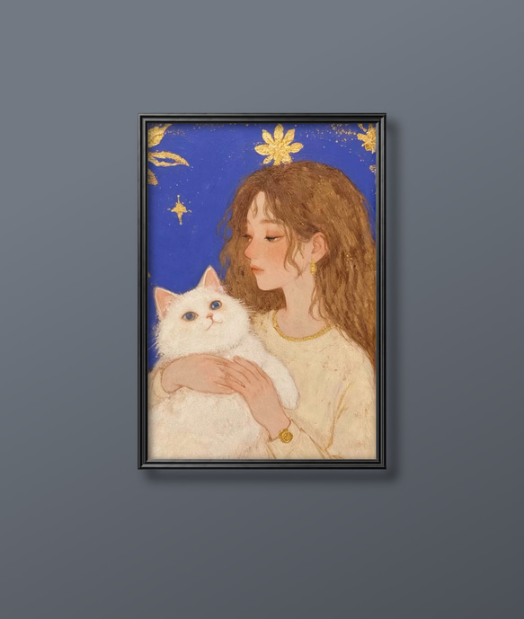 絵画 | イラストポスター 556☆ 【女の子とかわいい白い猫】 絵画