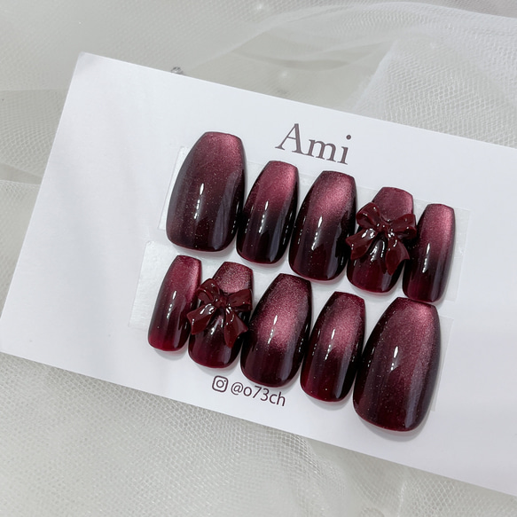 ネイルチップ＊ボルドーマグネット 赤 レッド リボン バレンタイン 冬