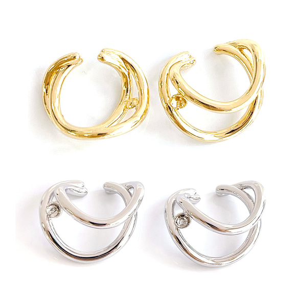 eje707【2個入り】ピン付き 大ぶりの曲線 二連 円形 イヤーカフ 金具 1枚目の画像