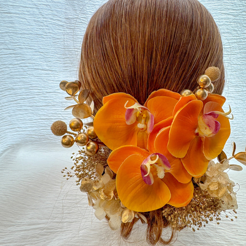 オレンジ胡蝶蘭 髪飾り ドライフラワー 成人式 ヘッドドレス 卒業式