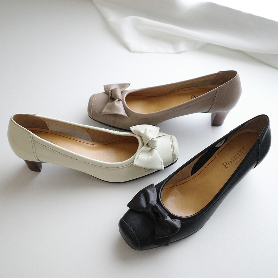 甘くなりすぎない大ぶりのリボンパンプス5.5cmヒール　日本製本革 / PO2330