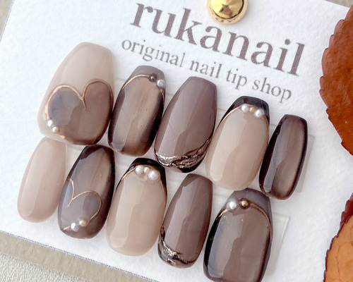 ハート×マグネット ネイルチップ 秋 冬 チョコ ハート フレンチ