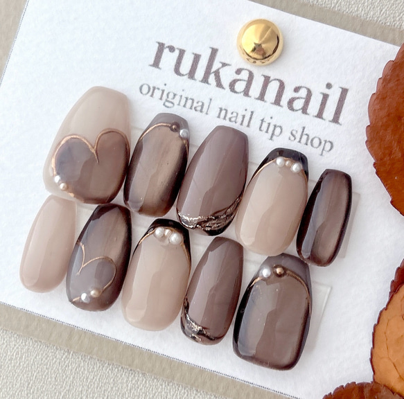 ハート×マグネット ネイルチップ 秋 冬 チョコ ハート フレンチ