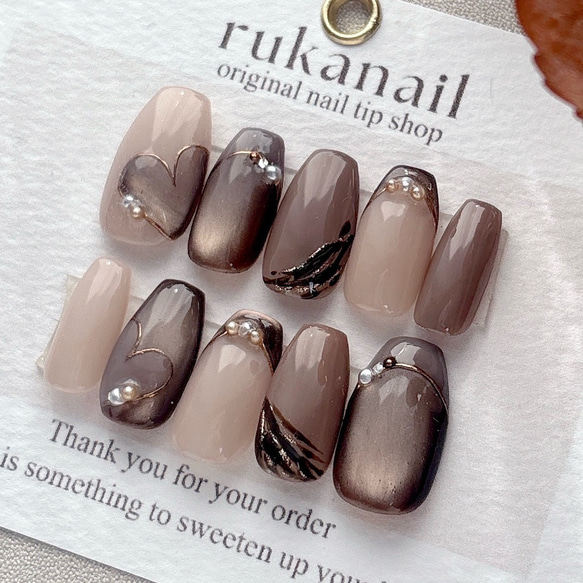 ネイルチップ オーダー ミラー ぷっくりハート マグネット チョコレート 韓国 ネイルチップ オーダー ミラー ぷっくりハート マグネット