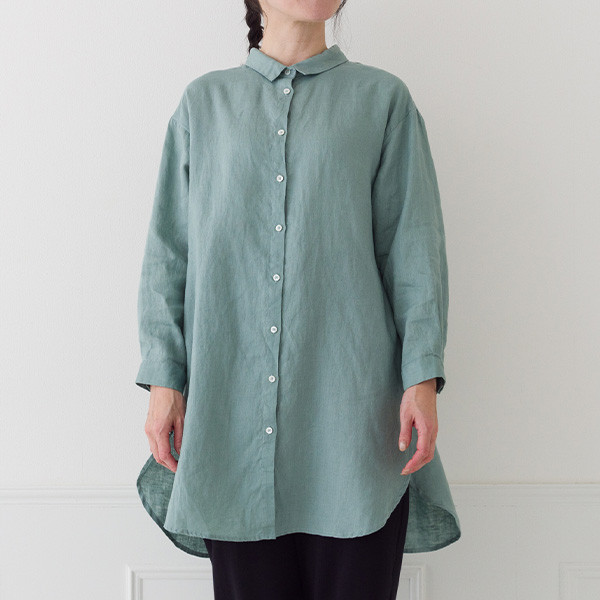 リネン100％ 襟付き ロングブラウス