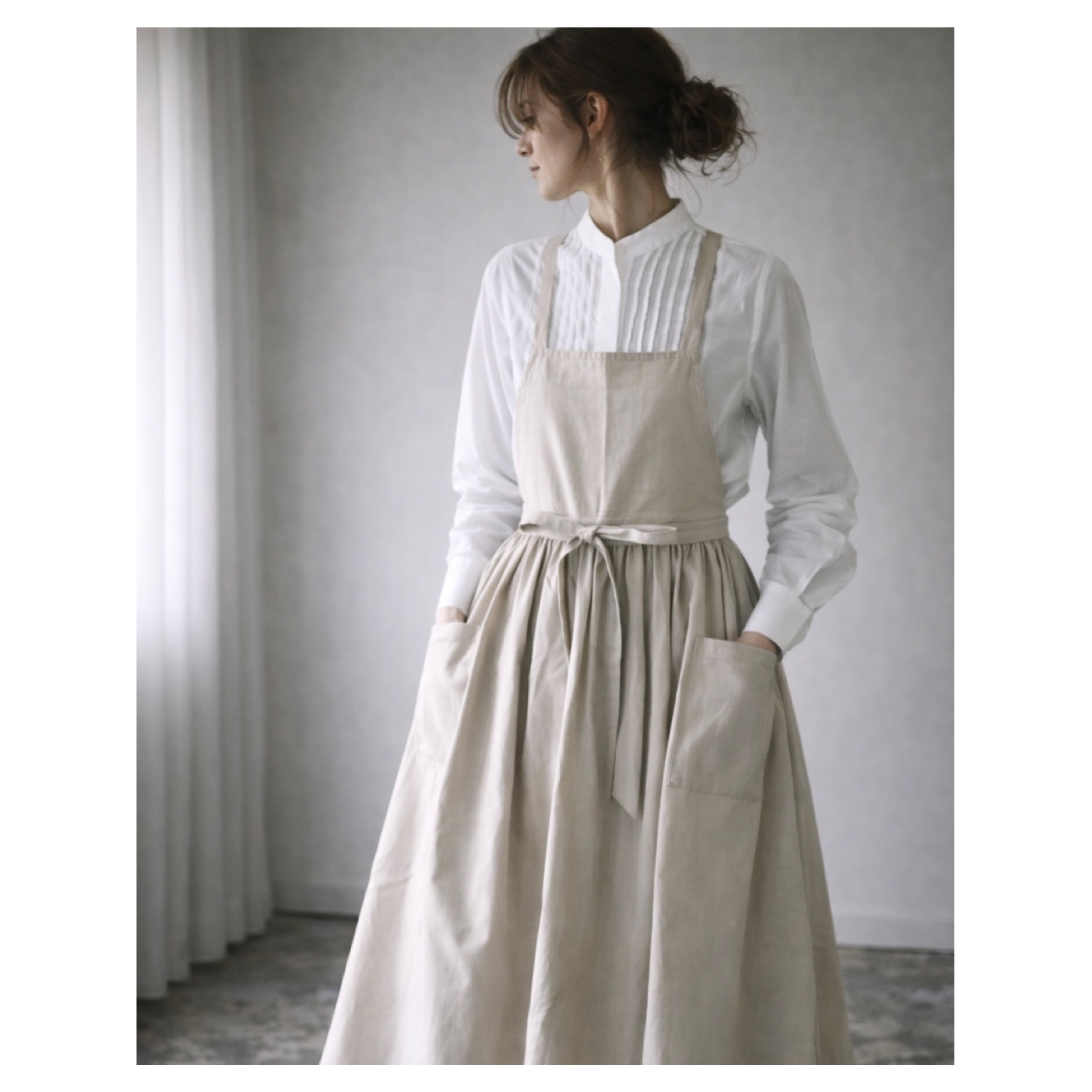 そのままお出かけリネンギャザーエプロン／おうち時間もお洒落に過ごすコットンリネンエプロン／くすみカラーのクリームベージュ