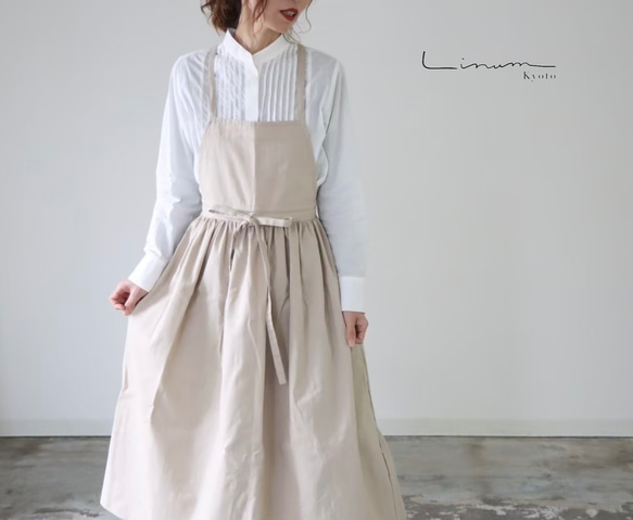フレンチリネン両サイドリボン2wayギャザーエプロンドレス ホワイト