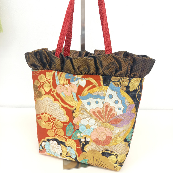 袋帯 帯リメイクバッグ フリルバッグ 蝶々 トートバッグ 繕う