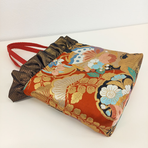 袋帯 帯リメイクバッグ フリルバッグ 蝶々 トートバッグ 繕う