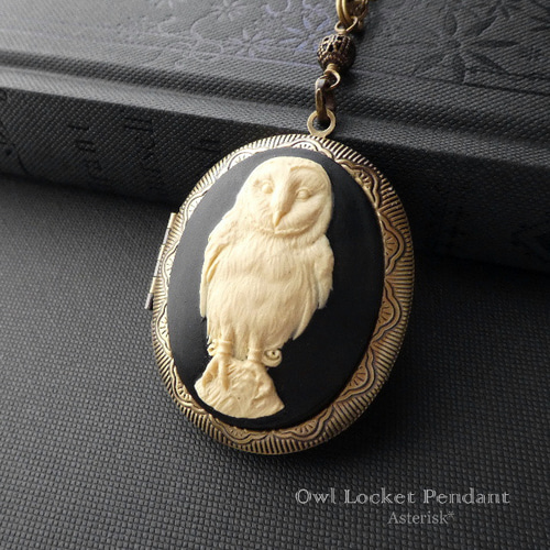 幸せの鳥 ふくろう カメオ ロケット ペンダント (アイボリー×ブラック