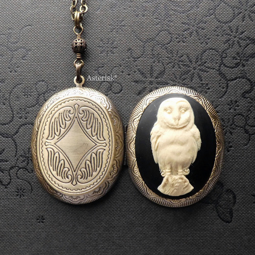 幸せの鳥 ふくろう カメオ ロケット ペンダント (アイボリー×ブラック