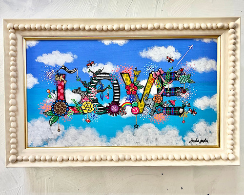 手描き絵画 「空に浮かぶLOVE」 アクリル画 絵画 inabayuka 通販
