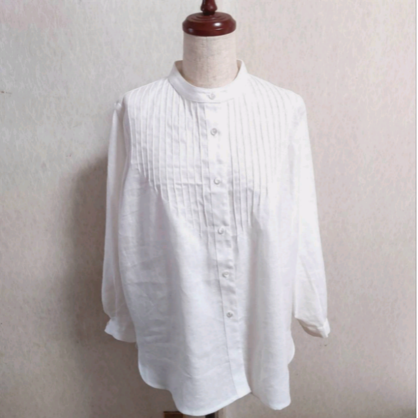 リネンブラウス  ピンタックブラウス  スタンドカラー  バンドカラー  ホワイト  白   麻  長袖  Lサイズ