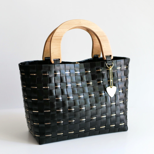 天然木ハンドルのプラカゴバッグ Mサイズ GOLD×ブラック 2WAY
