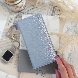 スワロフスキーラインストーンデコレーション本革手帳型スマホケース【パウダーブルー】 4枚目の画像