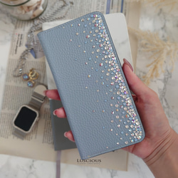 スワロフスキーラインストーンデコレーション本革手帳型スマホケース【パウダーブルー】 5枚目の画像
