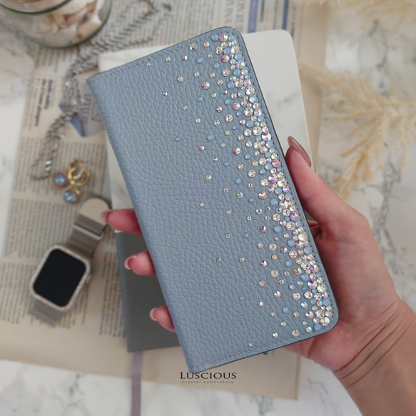 スワロフスキーラインストーンデコレーション本革手帳型スマホケース【パウダーブルー】 5枚目の画像